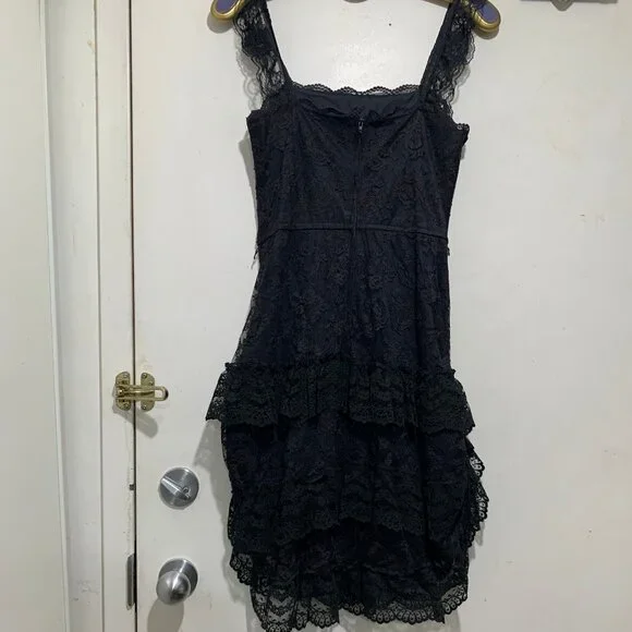 VINTAGE NU-MODE SLIM FIT SLEEVELESS RUFFLE LACE LITTLE BLACK DRESS SIZE S - Picture 8 of 12